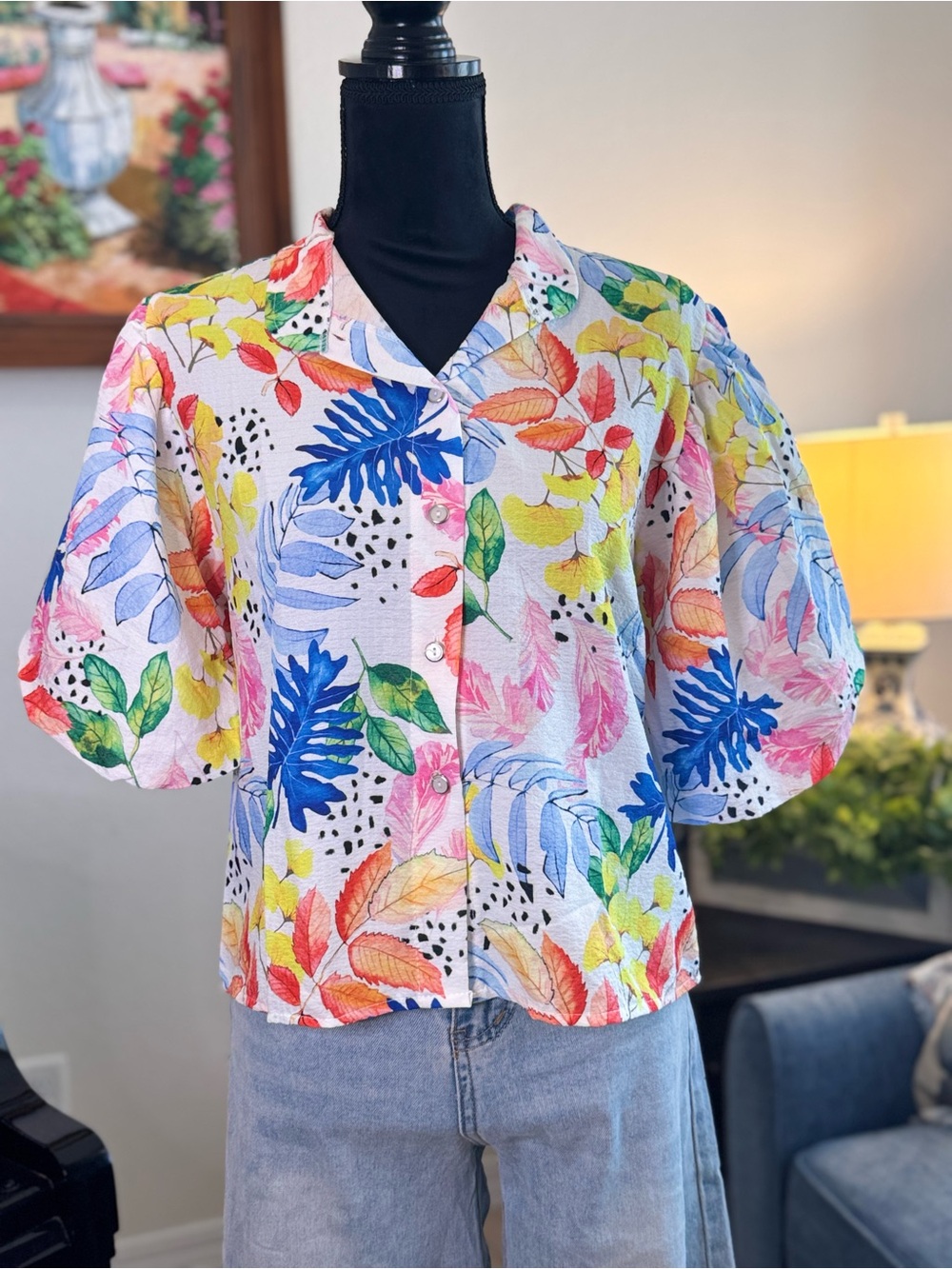 Tropical Leaf Button-Front Puff Sleeve Top - White Multi